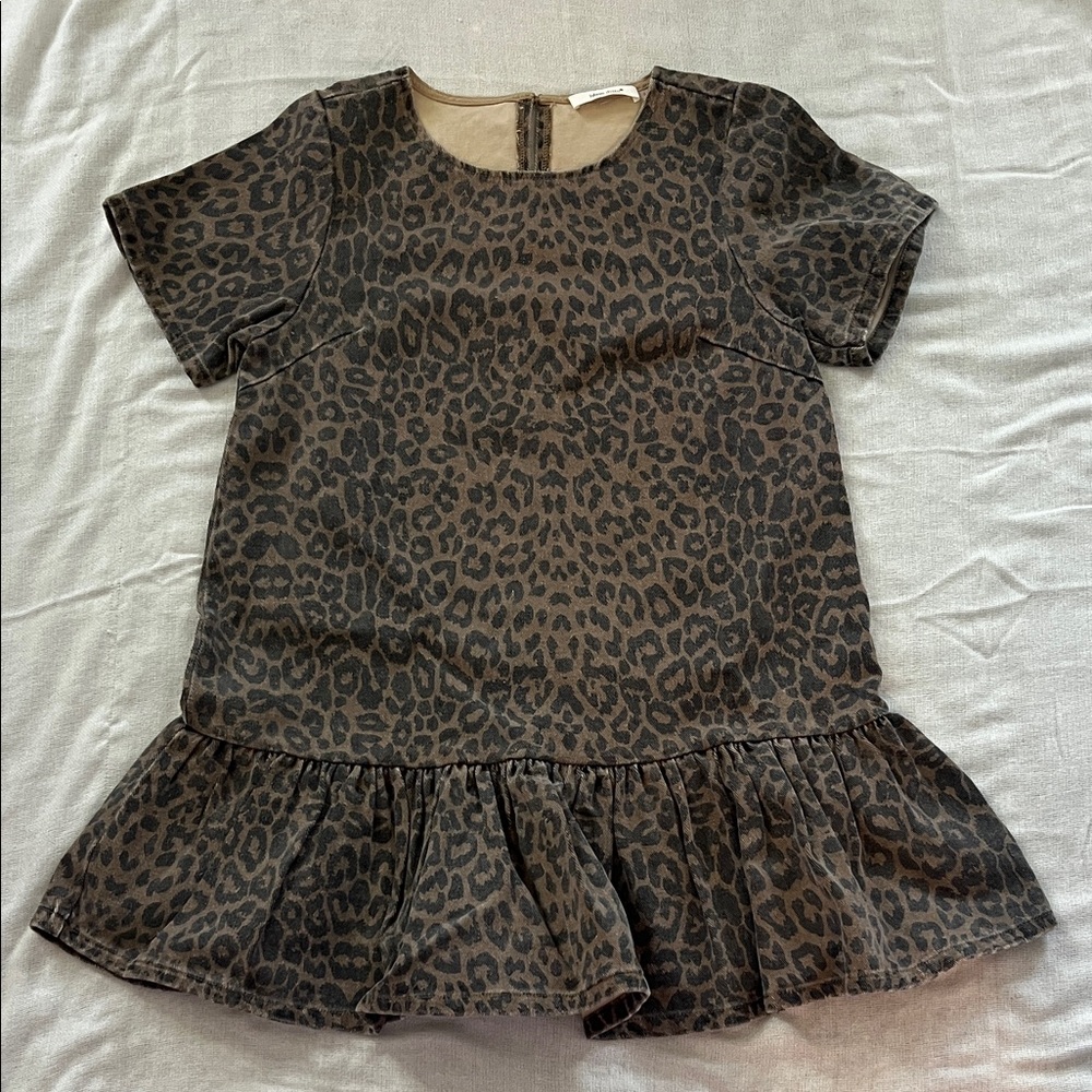 Leopard Print Short Sleeve Peplum Tunic - Brown